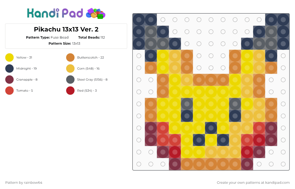 Pikachu 13x13 Ver. 2 - Fuse Bead Pattern by rainbow64 on Kandi Pad - orange,purple,yellow