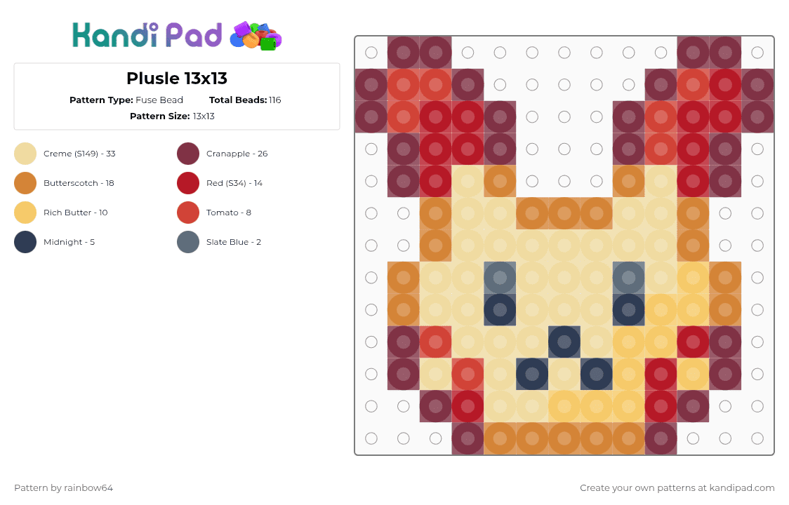 Plusle 13x13 - Fuse Bead Pattern by rainbow64 on Kandi Pad - orange,brown,beige,red
