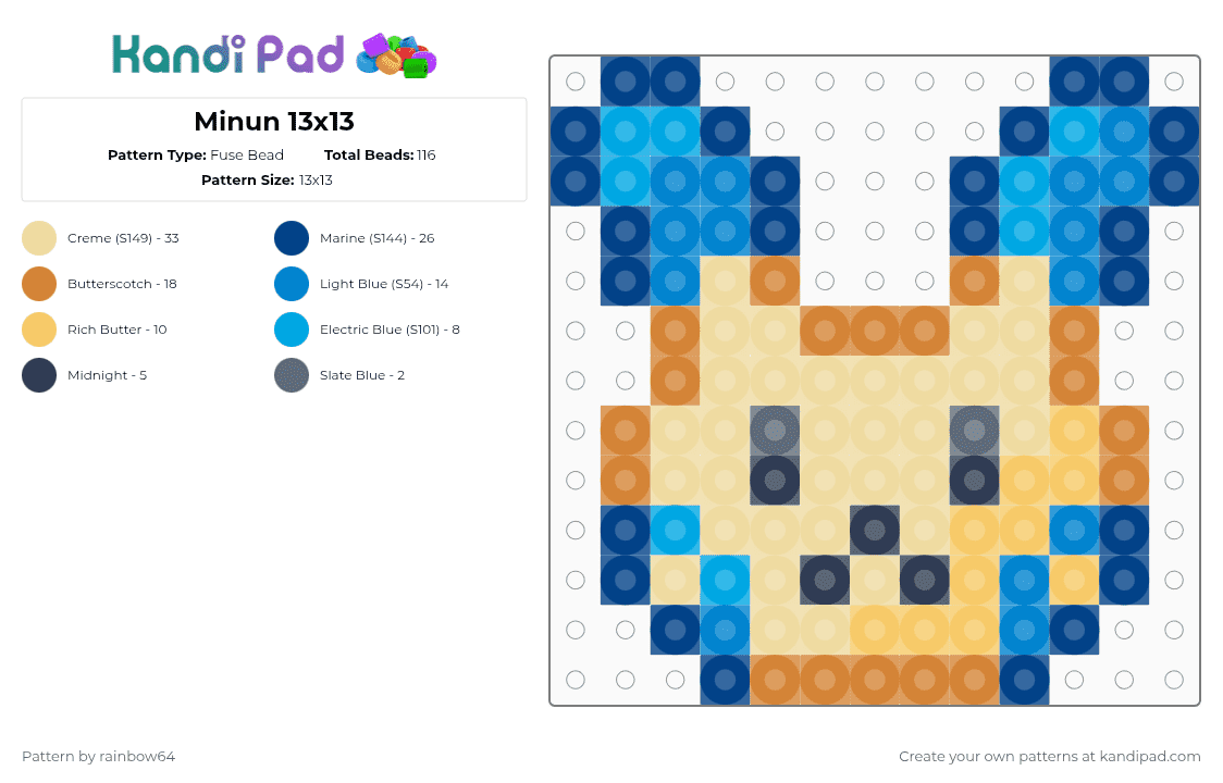 Minun 13x13 - Fuse Bead Pattern by rainbow64 on Kandi Pad - orange,blue,beige