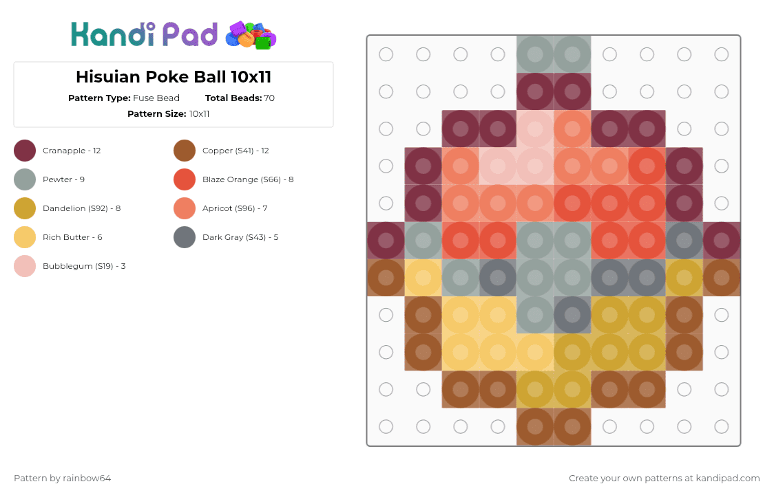 Hisuian Poke Ball 10x11 - Fuse Bead Pattern by rainbow64 on Kandi Pad - gray,brown,orange,tan