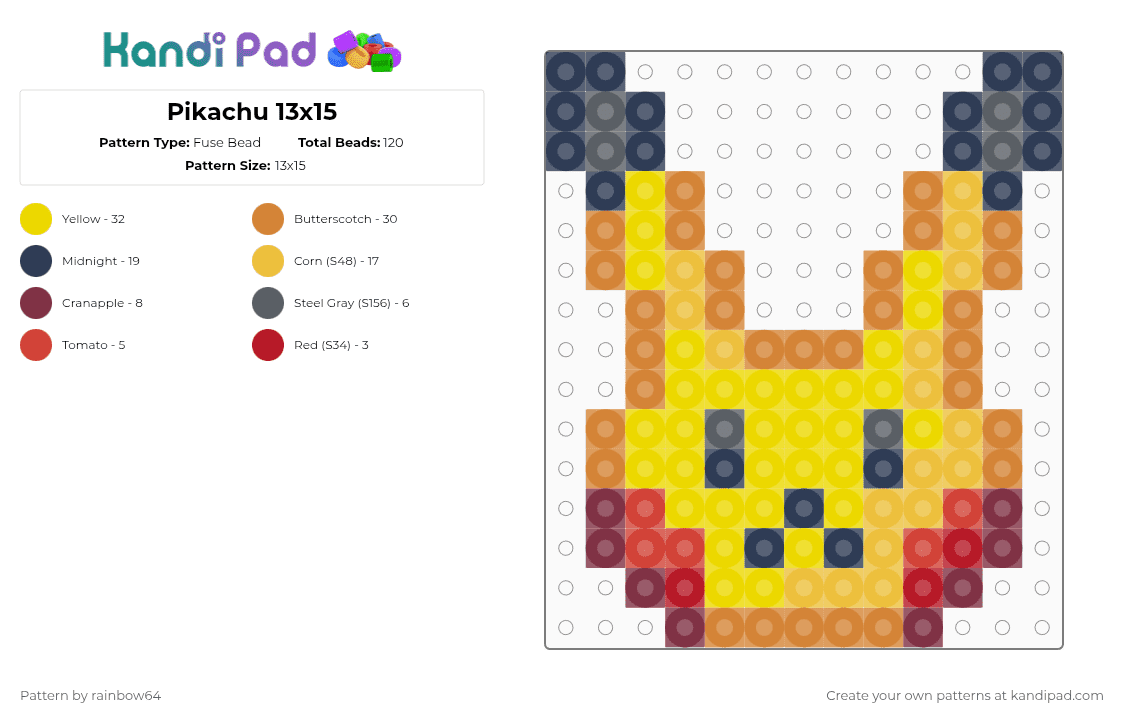Pikachu 13x15 - Fuse Bead Pattern by rainbow64 on Kandi Pad - orange,yellow,purple