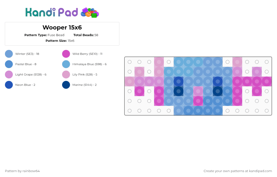 Wooper 15x6 - Fuse Bead Pattern by rainbow64 on Kandi Pad - pink,light blue
