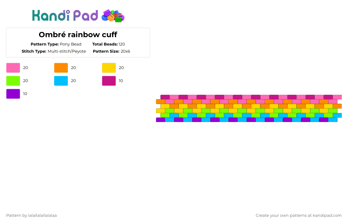 Ombré rainbow cuff - Pony Bead Pattern by lalallalallalalaa on Kandi Pad - pink,yellow,light blue,colorful