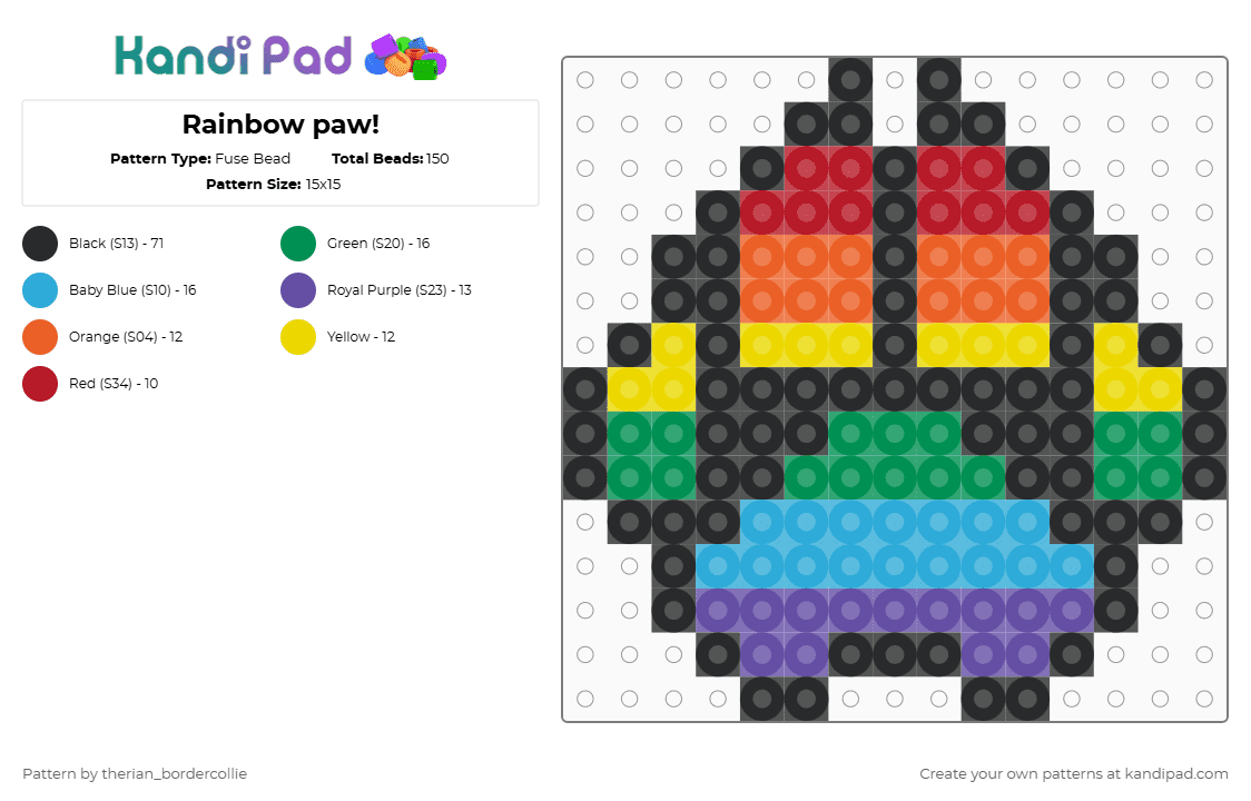 Rainbow paw! - Fuse Bead Pattern by therian_bordercollie on Kandi Pad - black,yellow,light blue,colorful