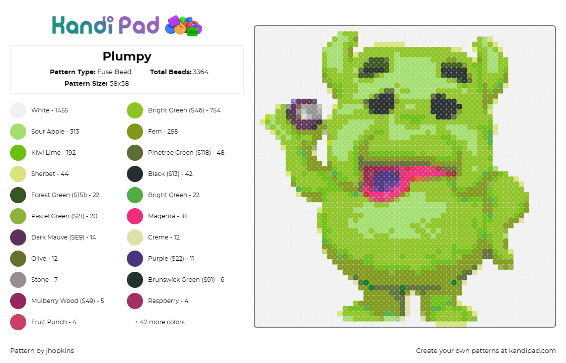 Plumpy - Fuse Bead Pattern by jhopkins on Kandi Pad - plumpy,candy land,monster,fuzzy,game,character,joyful,whimsical,green