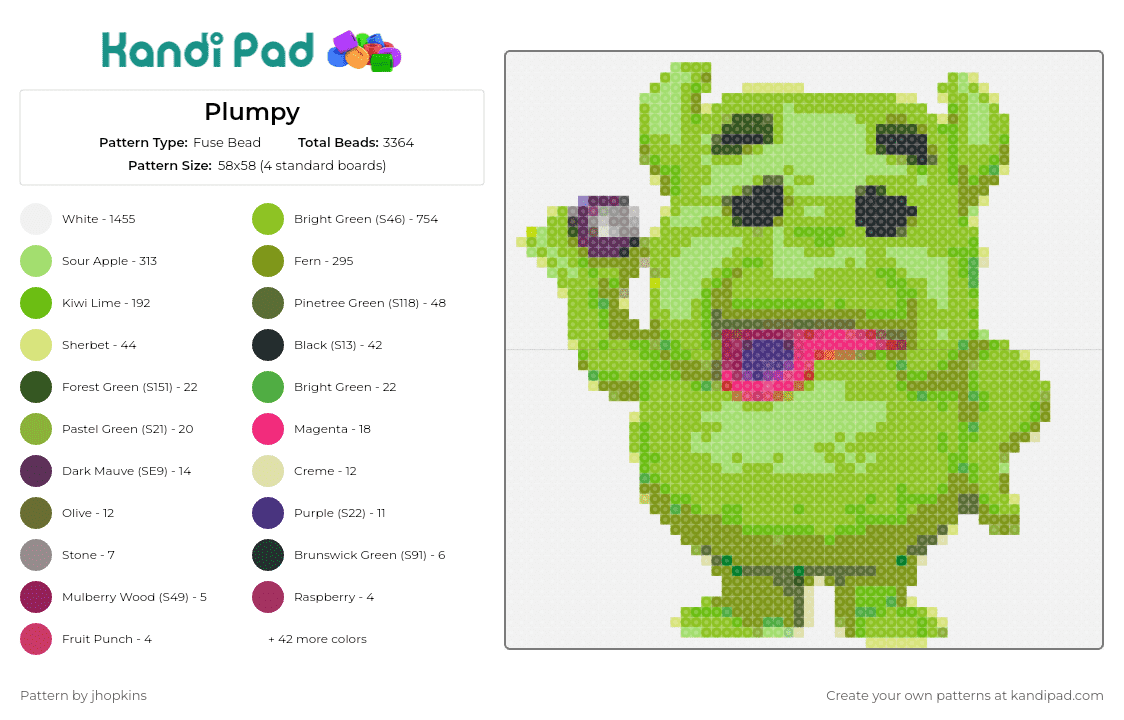 Plumpy - Fuse Bead Pattern by jhopkins on Kandi Pad - plumpy,candy land,monster,fuzzy,game,character,joyful,whimsical,green
