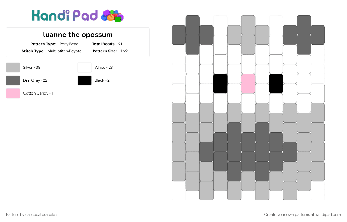 luanne the opossum - Pony Bead Pattern by calicocatbracelets on Kandi Pad - beige, charm, gray, opossum, possum, squishmallow