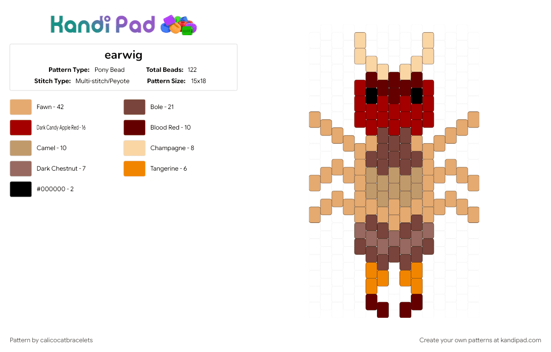earwig - Pony Bead Pattern by calicocatbracelets on Kandi Pad - brown, bug, creepy crawler, creepy crawlie, earwig, insect, orange