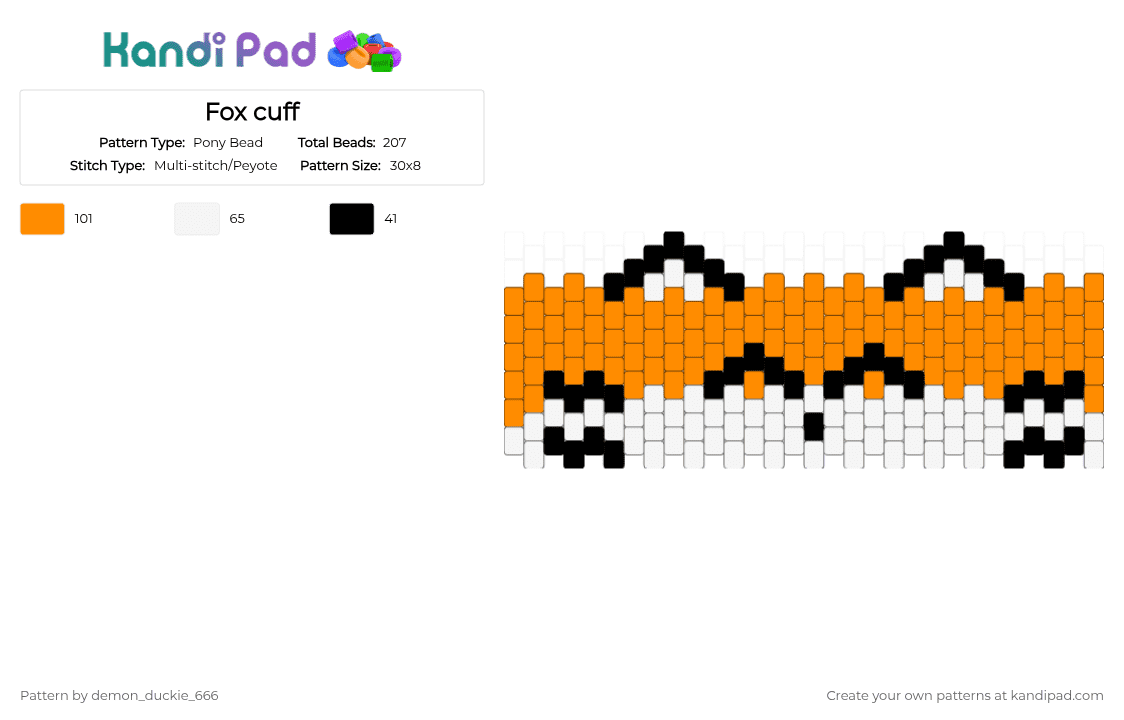 Fox cuff - Pony Bead Pattern by via_hazbin_hotel on Kandi Pad - orange,white