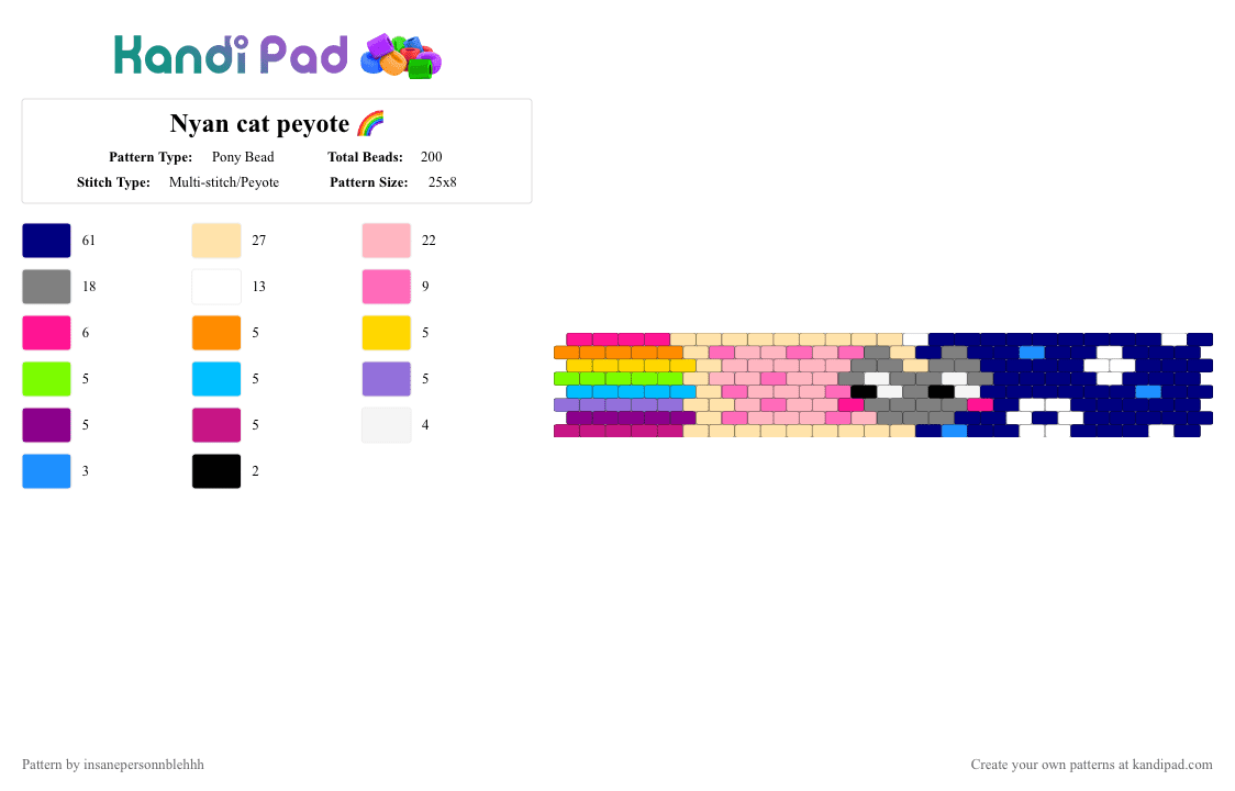 Nyan cat peyote 🌈 - Pony Bead Pattern by insanepersonnblehhh on Kandi Pad - pink,beige,purple,nyan cat,nyan,colorful,space,cat