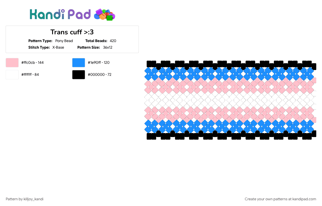 Trans cuff >:3 - Pony Bead Pattern by killjoy_kandi on Kandi Pad - light blue, pink, pride, trans, transgender