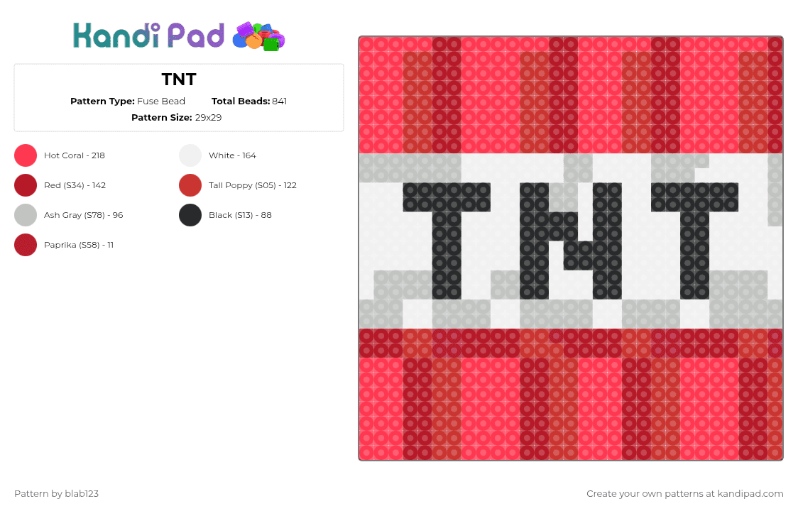TNT - Fuse Bead Pattern by blab123 on Kandi Pad - red,minecraft,tnt,block,explosion,game