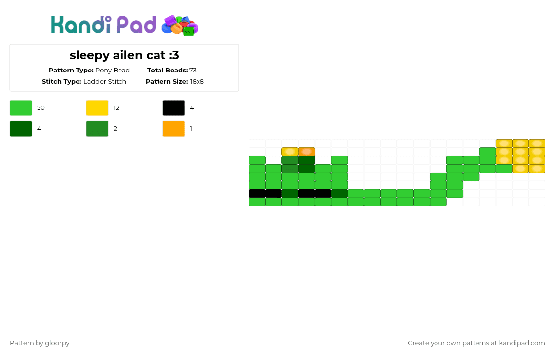 sleepy ailen cat :3 - Pony Bead Pattern by gloorpy on Kandi Pad - green
