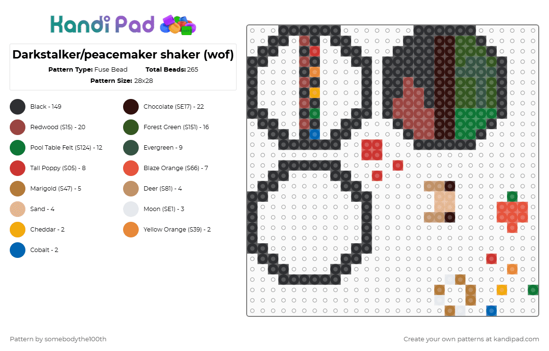 Darkstalker/peacemaker shaker (wof) - Fuse Bead Pattern by somebodythe100th on Kandi Pad - black, colorful, green, red