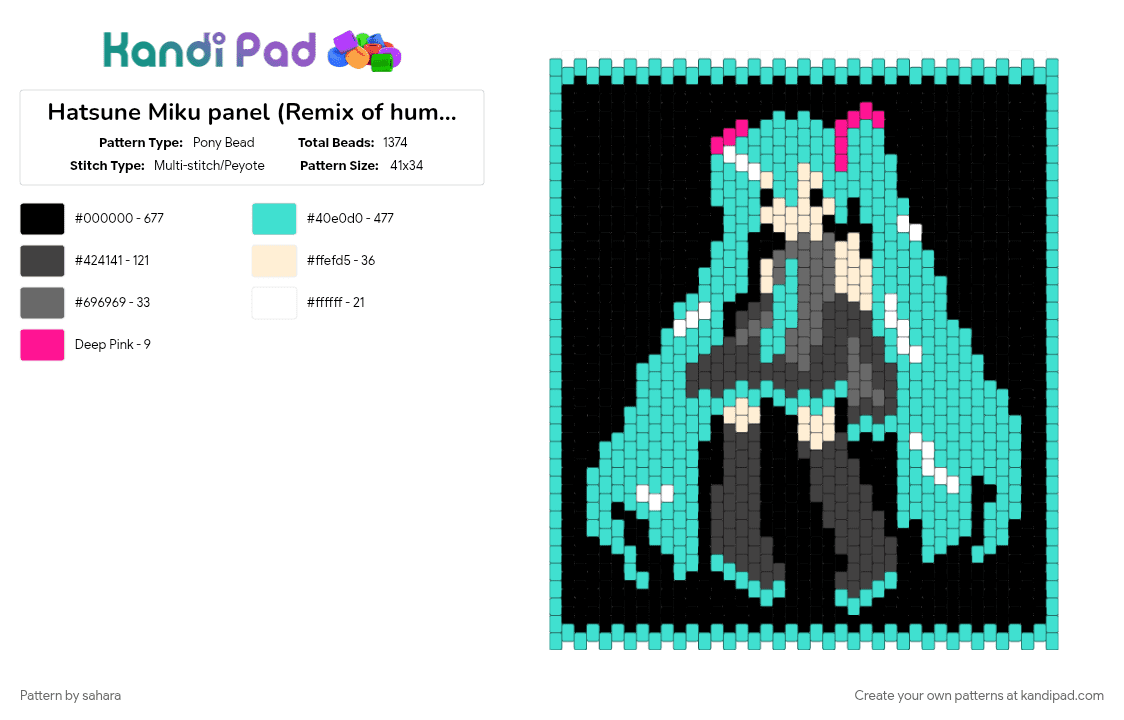 Hatsune Miku panel (Remix of humanbeing20) - Pony Bead Pattern by sahara on Kandi Pad - black, hatsune miku, light blue, music, vocaloid