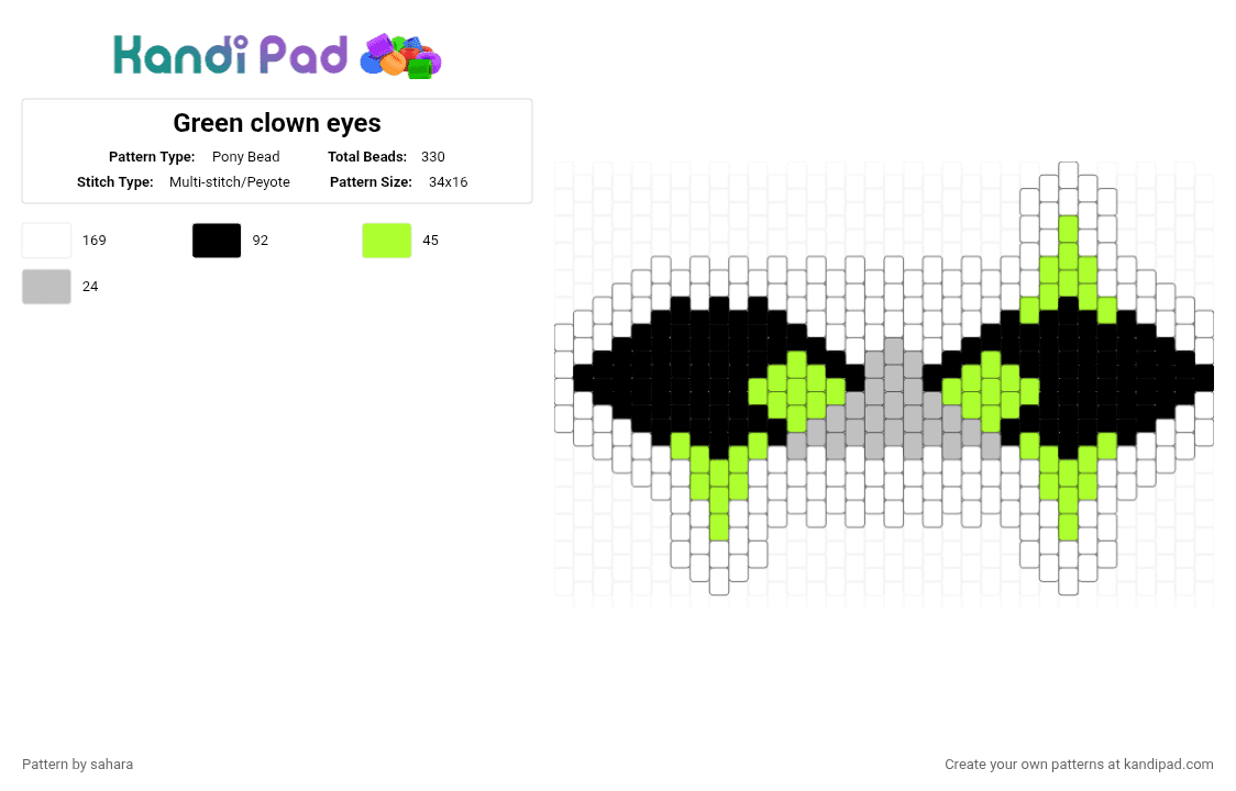 Green clown eyes - Pony Bead Pattern by sahara on Kandi Pad - beige, green, harlequin, tfc, white