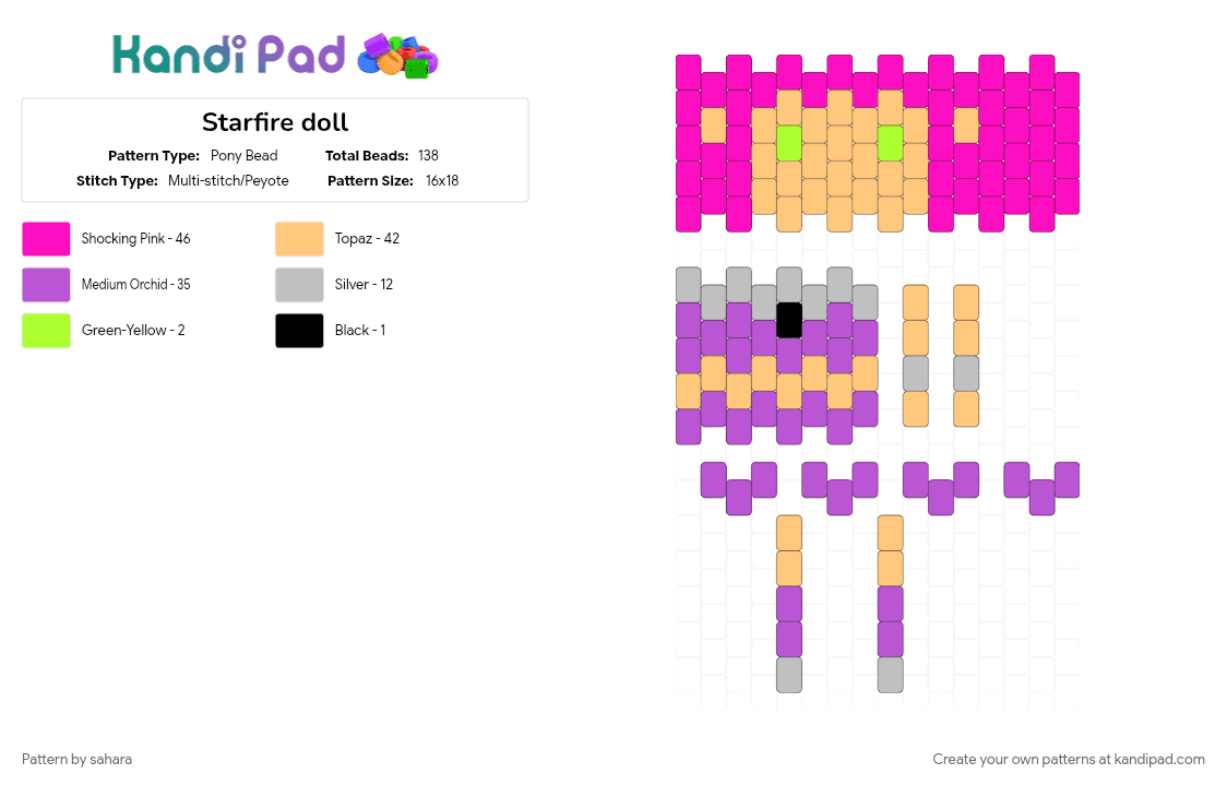 Starfire doll - Pony Bead Pattern by sahara on Kandi Pad - alien, cartoon, orange, pink, superhero, teen titans go