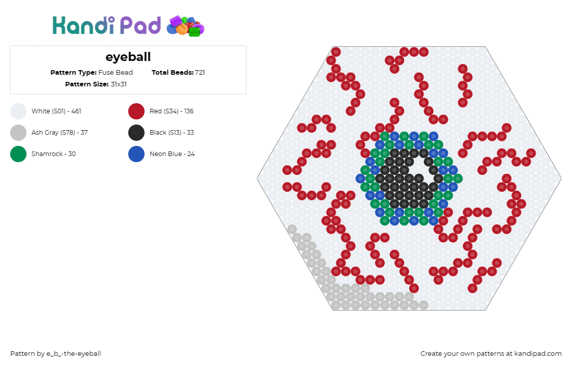 eyeball - Fuse Bead Pattern by e_b_-the-eyeball on Kandi Pad - eyeball,spooky,hexagon,vision,iris,pupil,scary,halloween,white