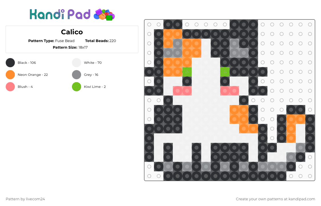 Calico - Fuse Bead Pattern by livecom24 on Kandi Pad - black,white,orange,gray