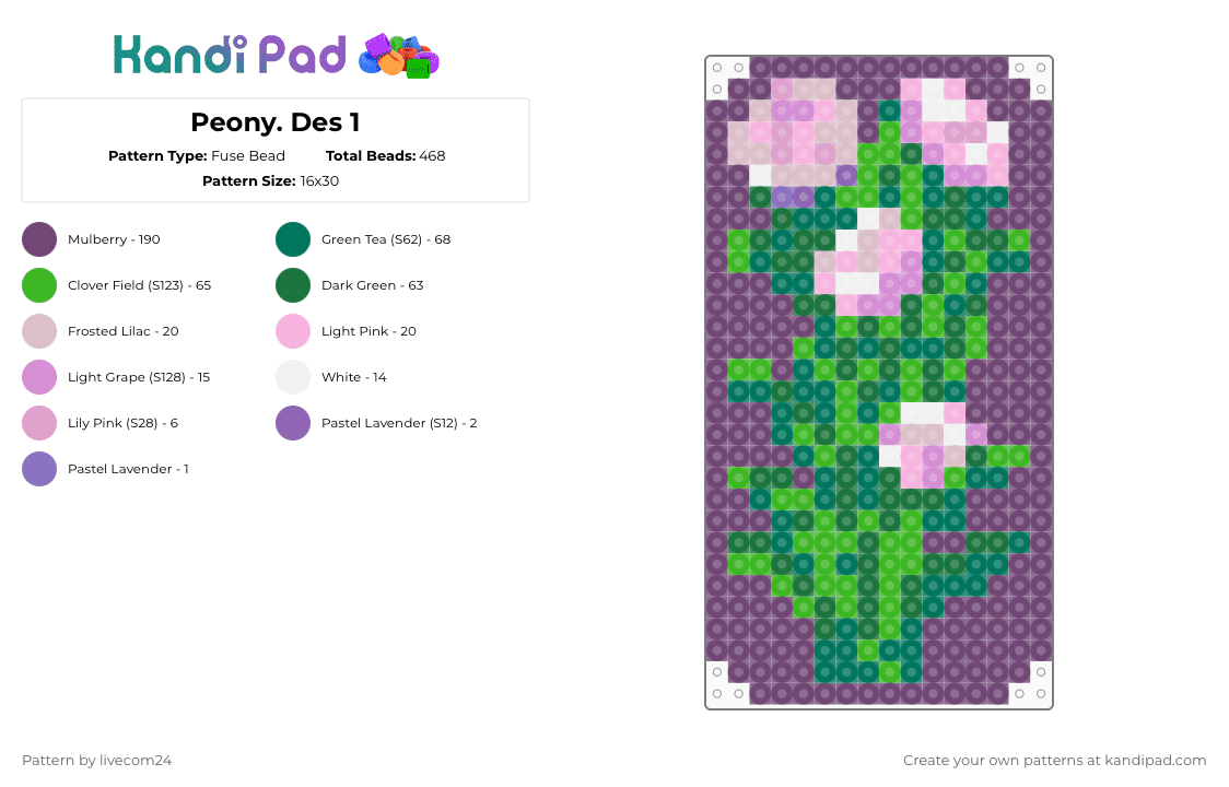 Peony. Des 1 - Fuse Bead Pattern by livecom24 on Kandi Pad - pink,green