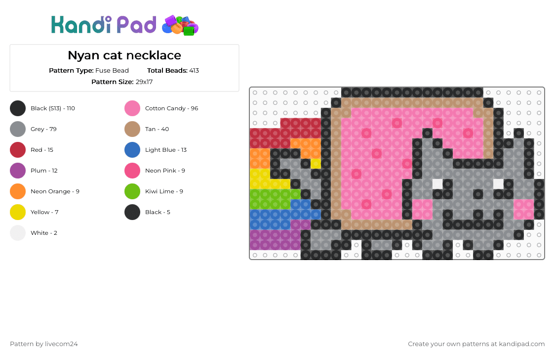 Nyan cat necklace - Fuse Bead Pattern by livecom24 on Kandi Pad - beige, gray, pink