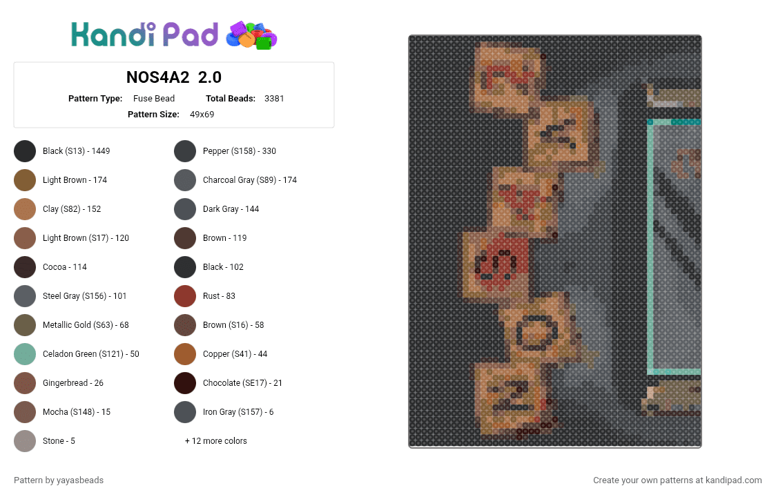 NOS4A2  2.0 - Fuse Bead Pattern by yayasbeads on Kandi Pad - black,brown,tan,gray
