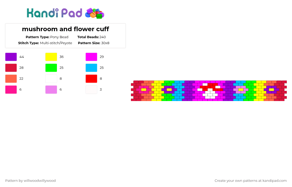 mushroom and flower cuff - Pony Bead Pattern by willwoodwillywood on Kandi Pad - red,pink,purple,yellow