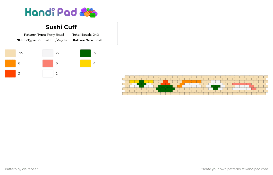 Sushi Cuff - Pony Bead Pattern by clairebear on Kandi Pad - beige,cotdsushi,food,cuff,yummy,tasty
