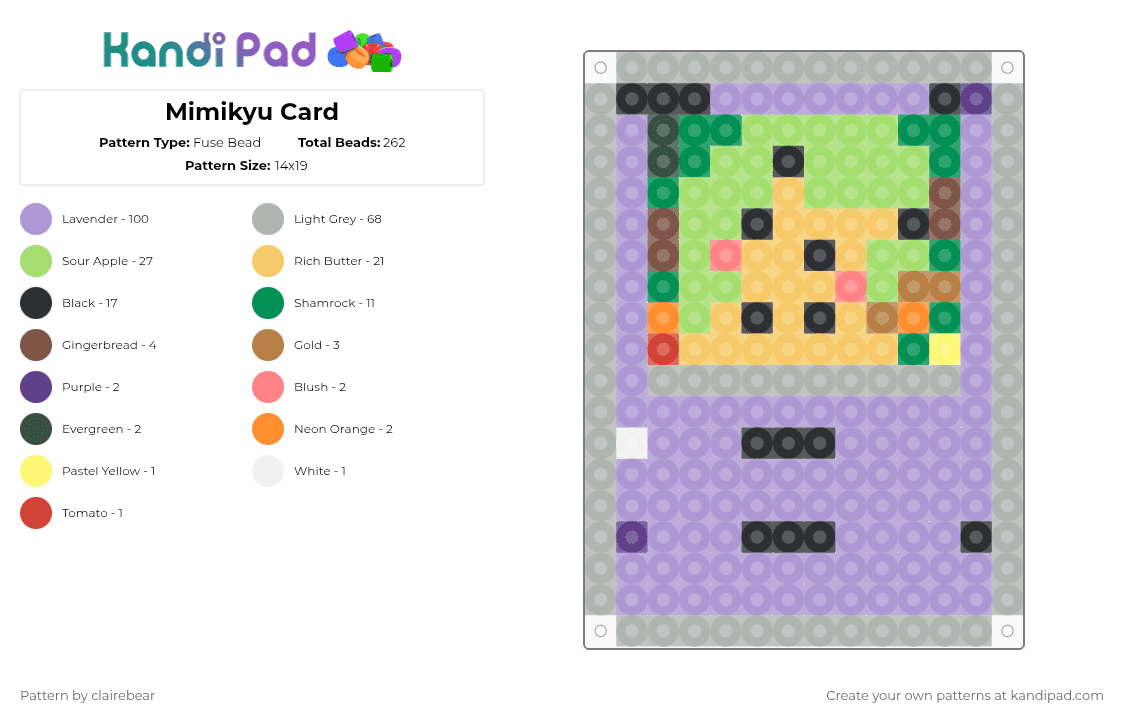 Mimikyu Card - Fuse Bead Pattern by clairebear on Kandi Pad - beige,pink,green,pokmon,mimikyu,card