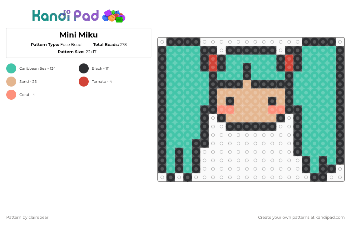 Mini Miku - Fuse Bead Pattern by clairebear on Kandi Pad - teal,miku,perler,vocaloid,silly