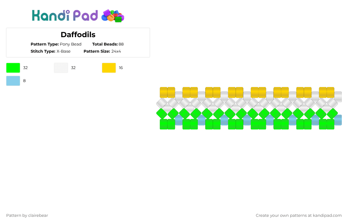 Daffodils - Pony Bead Pattern by clairebear on Kandi Pad - green,xbase,flowers,cute,daphadills,cuff