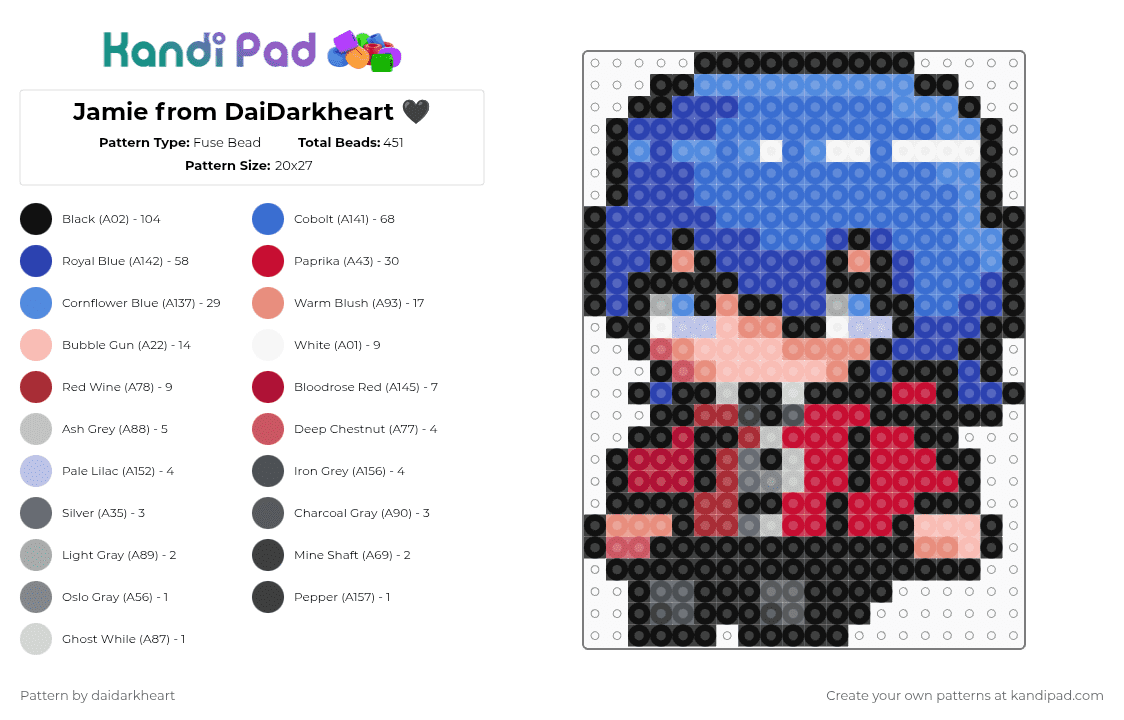 Jamie from DaiDarkheart 🖤 - Fuse Bead Pattern by daidarkheart on Kandi Pad - black,purple,blue,red,daidarkheart,jamiedaidarkheart,jamie,chibi,vampire