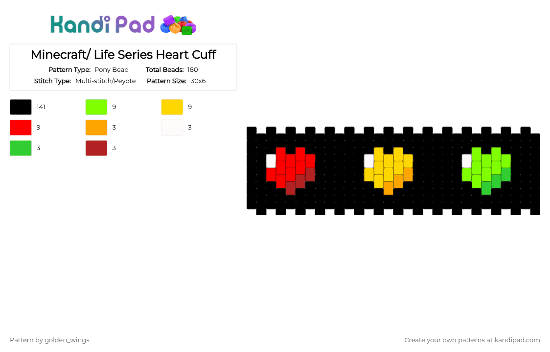 Minecraft/ Life Series Heart Cuff - Pony Bead Pattern by golden_wings on Kandi Pad - 