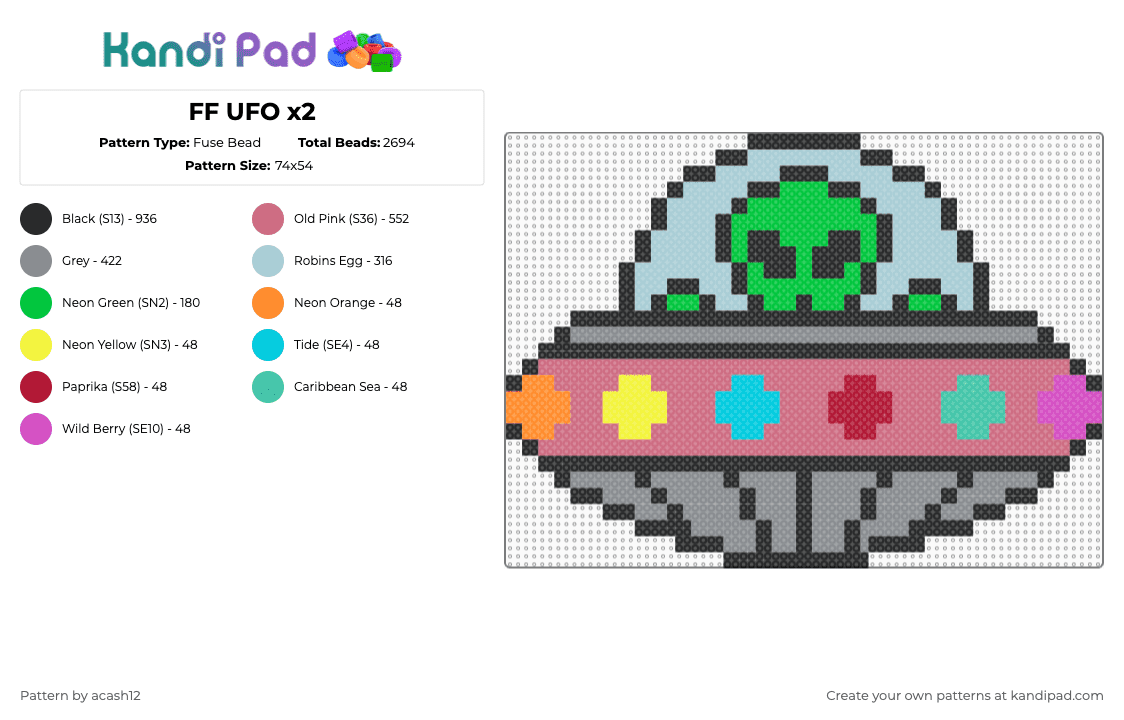 FF UFO x2 - Fuse Bead Pattern by acash12 on Kandi Pad - light blue,gray,pink