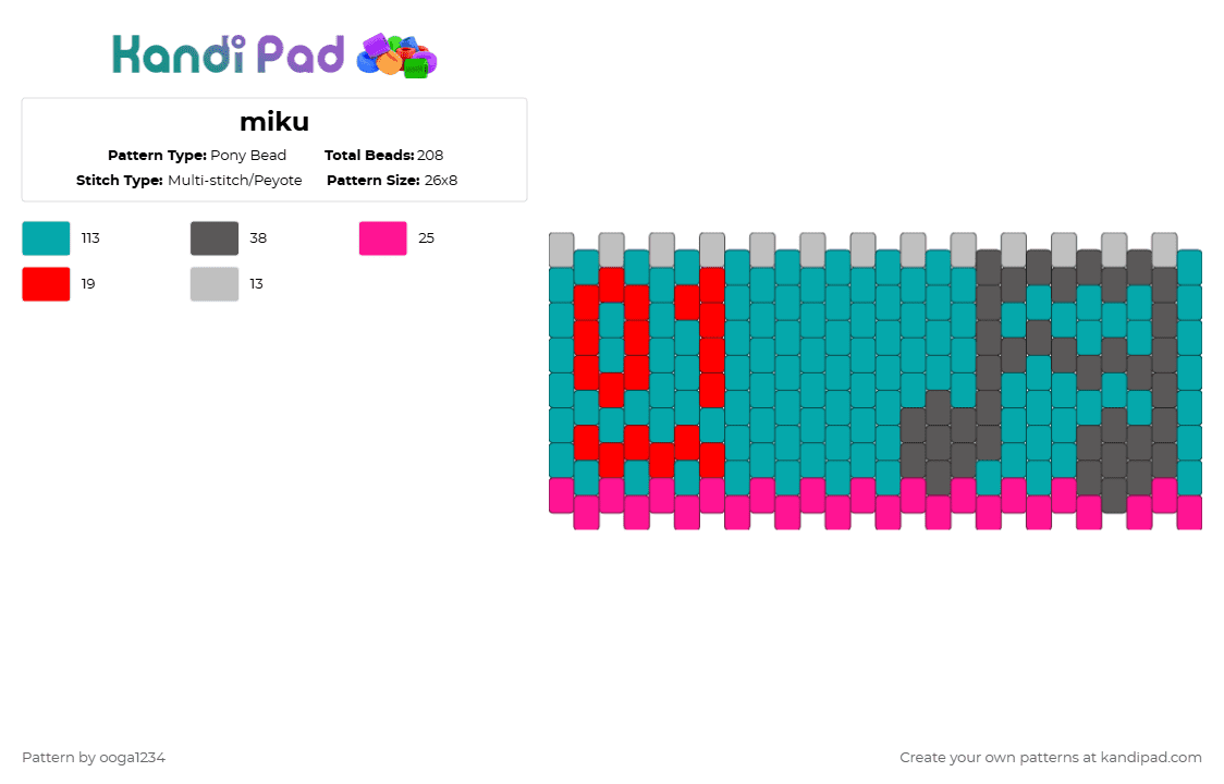 miku - Pony Bead Pattern by ooga1234 on Kandi Pad - teal