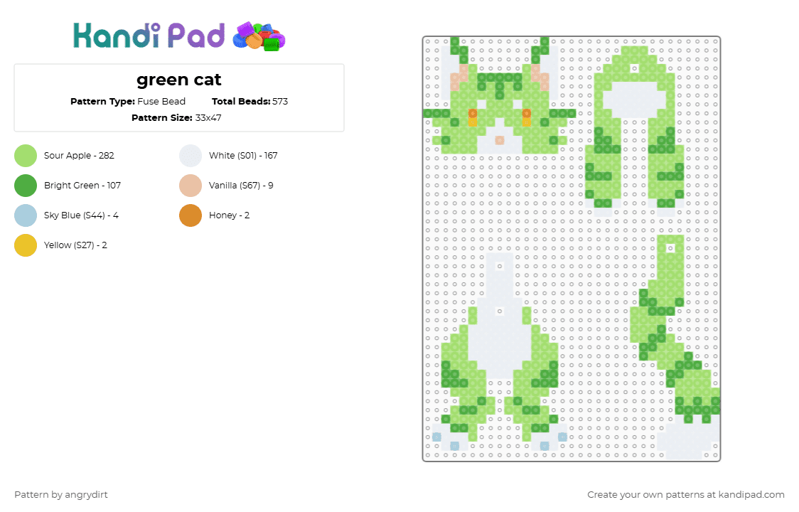 green cat - Fuse Bead Pattern by angrydirt on Kandi Pad - green,cat,kitty,dangle charm