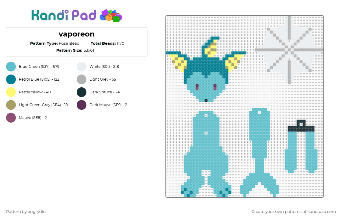 vaporeon - Fuse Bead Pattern by angrydirt on Kandi Pad - teal,animal,dangle,vaporeon,pokemon