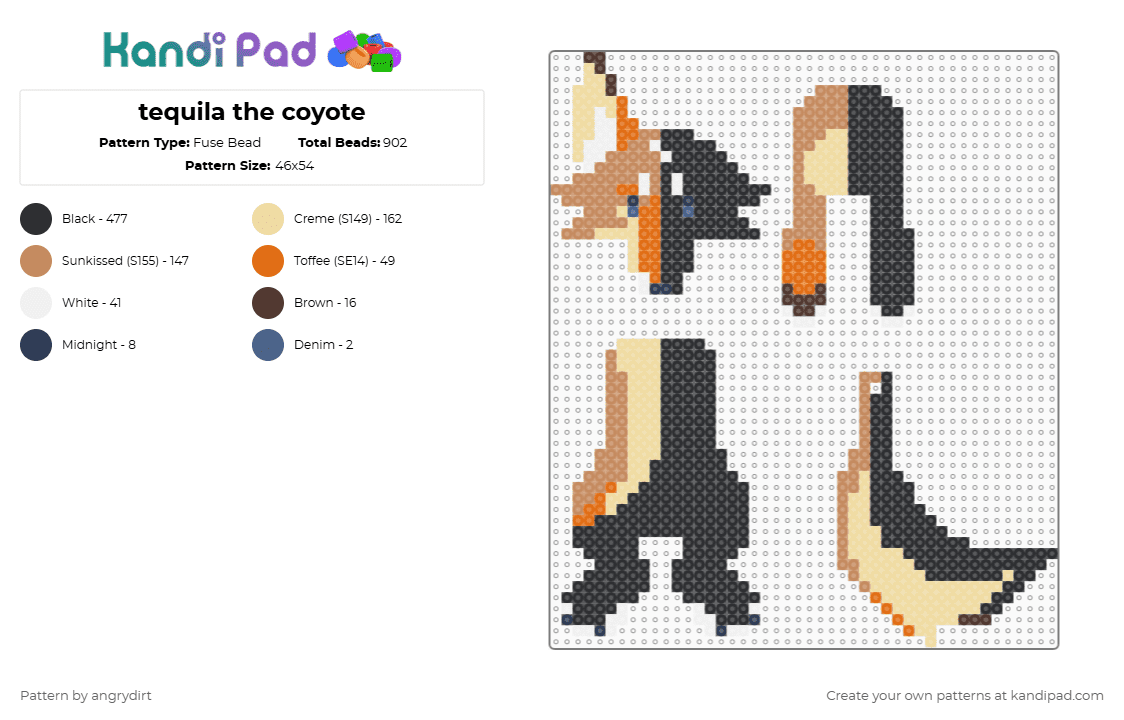 tequila the coyote - Fuse Bead Pattern by angrydirt on Kandi Pad - black,beige,tan,furry,dangle,coyote