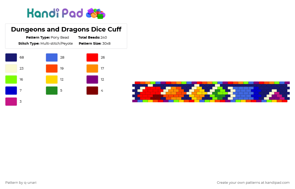 Dungeons and Dragons Dice Cuff - Pony Bead Pattern by q-unari on Kandi Pad - red,purple,blue,dnd,dungeons and dragons,dice,cuff