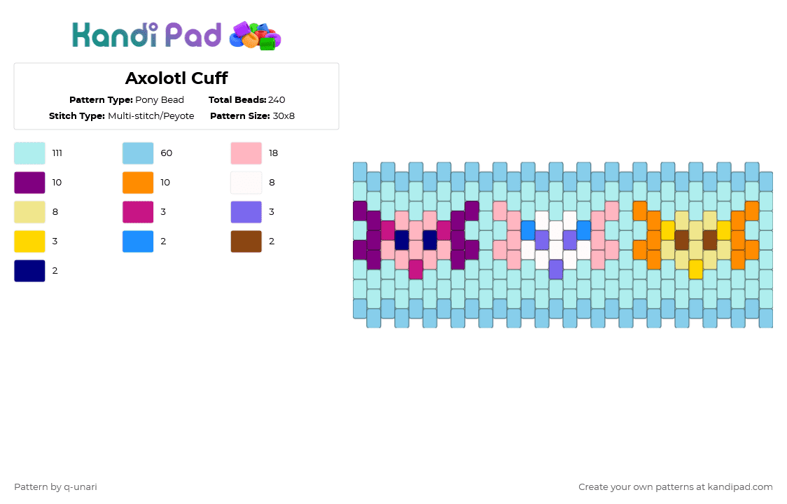 Axolotl Cuff - Pony Bead Pattern by q-unari on Kandi Pad - pink,light blue,axolotl,cuff,minecraft