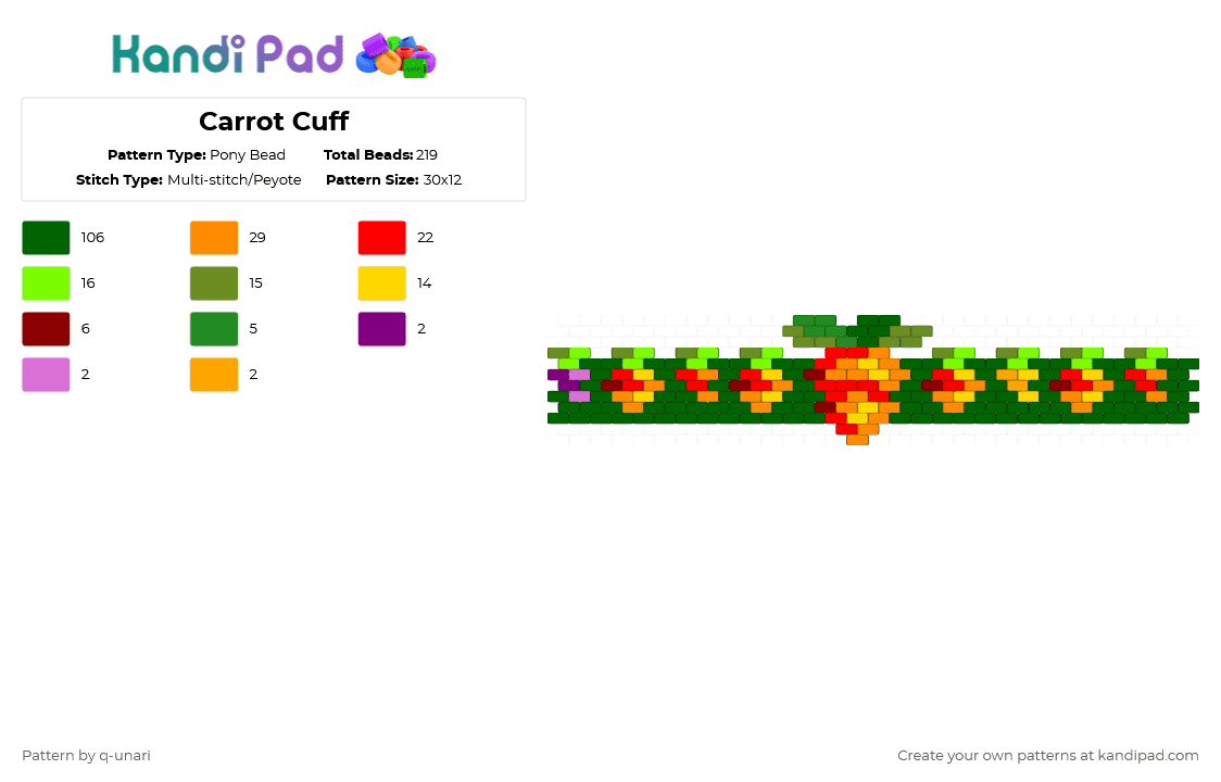 Carrot Cuff - Pony Bead Pattern by q-unari on Kandi Pad - vegetable,food,clothing,accessory,green,carrot,cuff