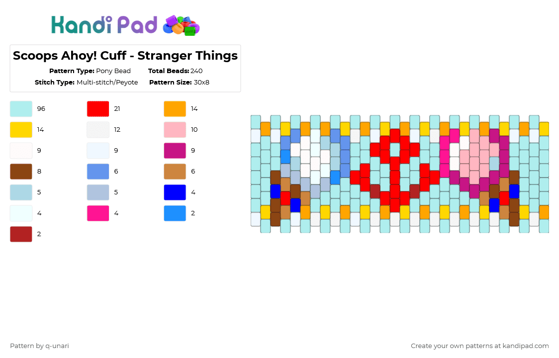 Scoops Ahoy! Cuff - Stranger Things - Pony Bead Pattern by q-unari on Kandi Pad - light blue,scoops ahoy,ice cream,stranger things,steve harrington,robin buckley,dessert,cotdicecream