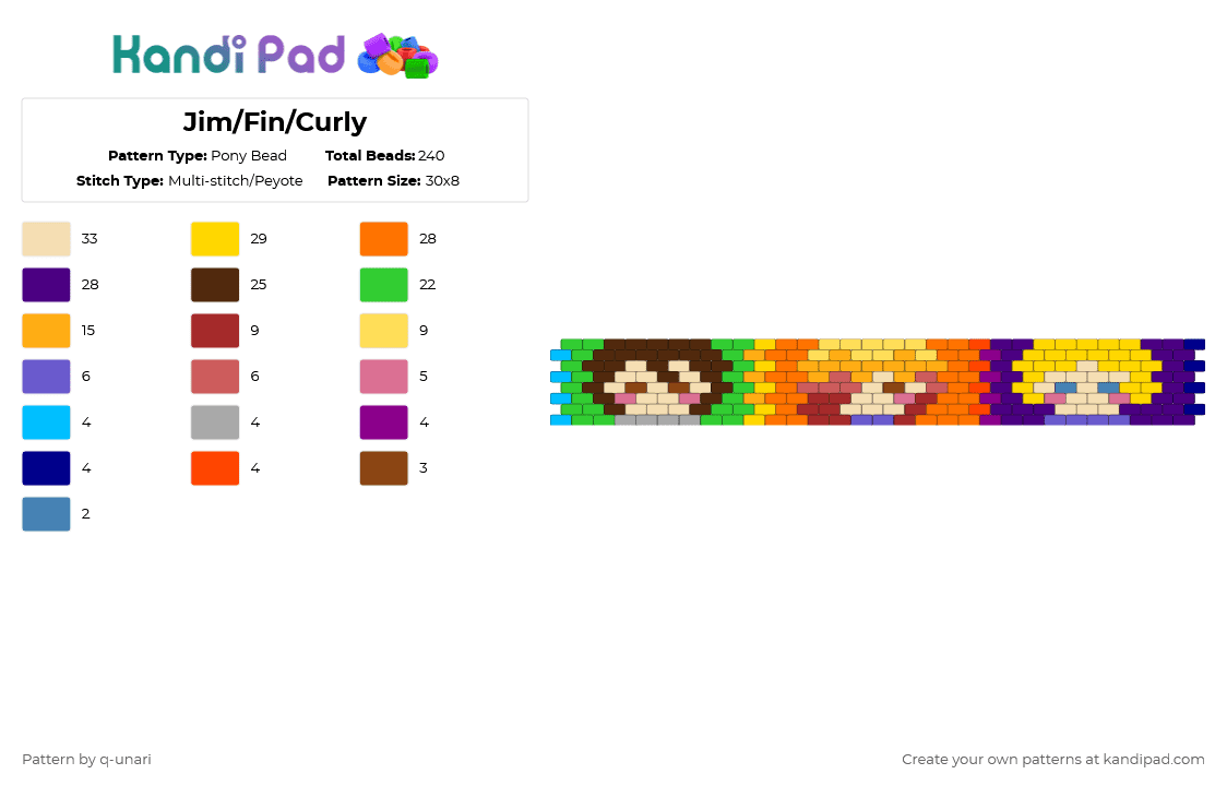 Jim/Fin/Curly - Pony Bead Pattern by q-unari on Kandi Pad - beige,orange,purple,brown,colorful