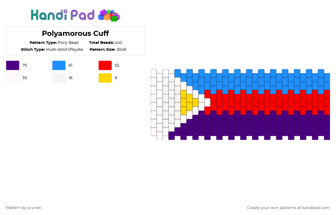 Polyamorous Cuff - Pony Bead Pattern by q-unari on Kandi Pad - red,purple,light blue,poly,polyamory,polyamorous,cuff,lgbt,queer,pride
