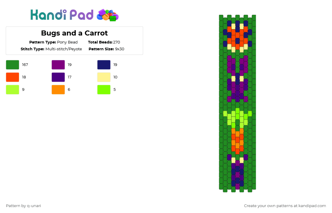 Bugs and a Carrot - Pony Bead Pattern by q-unari on Kandi Pad - green,bugs,insects,carrot,nature