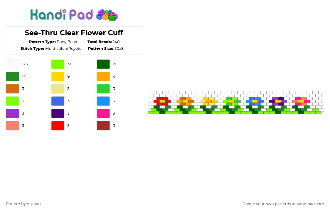 See-Thru Clear Flower Cuff - Pony Bead Pattern by q-unari on Kandi Pad - white,green,flowers,nature,clear,plants,cuff