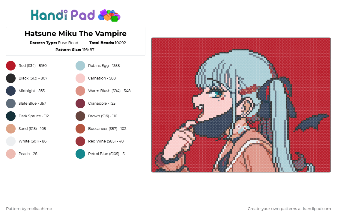 Hatsune Miku The Vampire - Fuse Bead Pattern by meikaahime on Kandi Pad - red,beige,light blue,vocaloid,hatsune miku,miku,hatsune,deco27,vampire,music,jpop