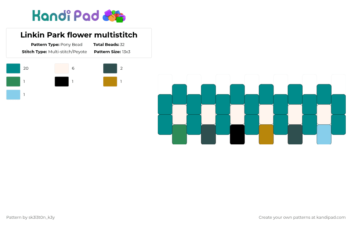 Linkin Park flower multistitch - Pony Bead Pattern by sk3l3t0n_k3y on Kandi Pad - linkin, linkin park, new metal, nu metal, numetal, park, teal