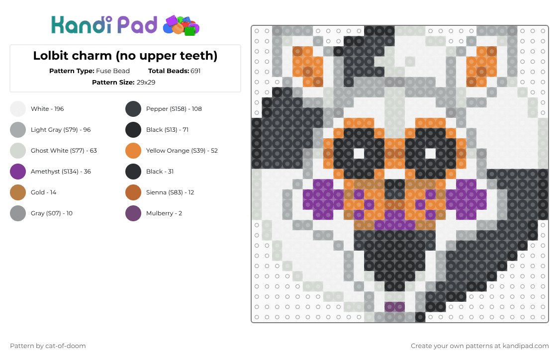 Lolbit charm (no upper teeth) - Fuse Bead Pattern by cat-of-doom on Kandi Pad - white,gray,lolbit,fnaf,five nights at freddys,fnaf sl,sister location,fnaf sister location,lolbit fnaf