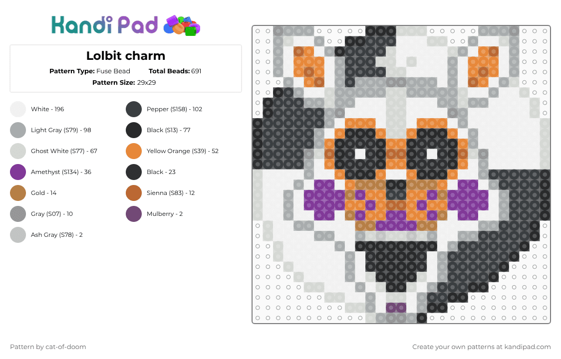 Lolbit charm - Fuse Bead Pattern by cat-of-doom on Kandi Pad - white,gray,orange,lolbit,fnaf,five nights at freddys,fnaf sl,sister location,fnaf sister location,lolbit fnaf